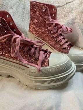 Alexander McQueen Pink Glitter Platform High-Top Sneakers